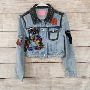 Azalea Wang Denim Jacket Womens Small Punk Gothic Studded Embellished Crop Cats
